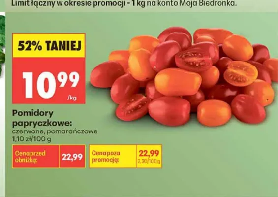 Pomidory papryczkowe pomarańczowe na wagę promocja w Biedronka
