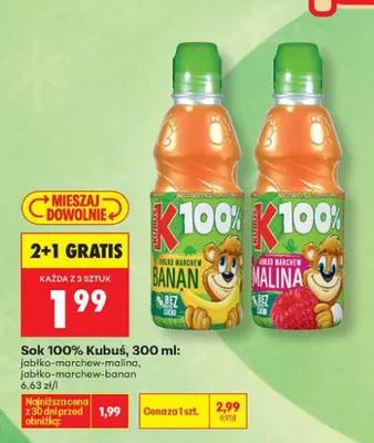 Sok Kubuś jabłko-marchew-banan 100% promocja w Biedronka