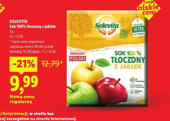 Sok 100% tłoczony z jabłek Solevita promocja w Lidl