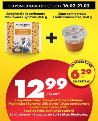 Zestaw: spaghetti alla carbonara + zupa pomidorowa z makaronem orzo promocja w Biedronka