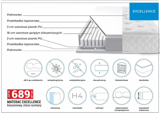 Materac Excellence kieszeniowy promocja w Merkury Market
