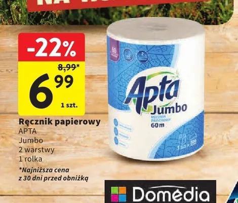 Ręcznik papierowy Apta Jumbo 2 warstwy 60m promocja w Intermarche