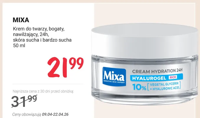 Krem do twarzy bogaty nawilżający 24h, skóra sucha i bardzo sucha promocja w Rossmann