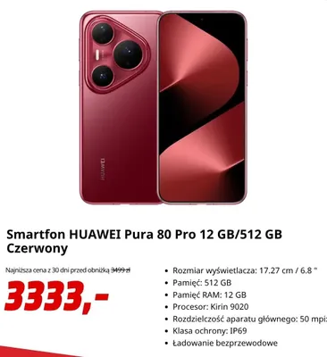 Smartfon Huawei Pura 70 Pro 12GB/512GB Czerwony promocja w Media Markt