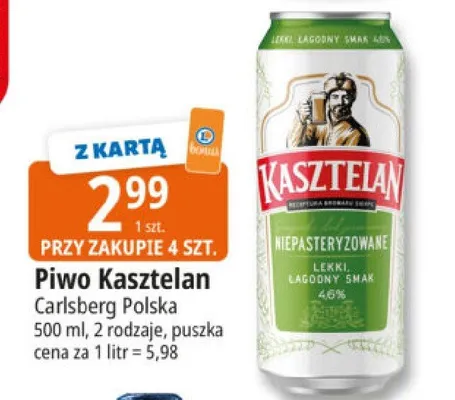 Piwo Kasztelan niepasteryzowane promocja w Leclerc