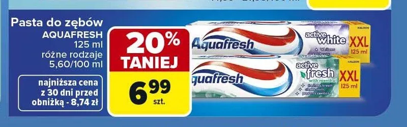Pasta do zębów Aquafresh Active Fresh XXL promocja w Carrefour