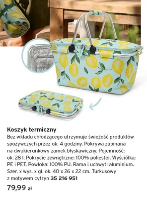 Koszyk termiczny turkusowy z motywem cytryn ok. 40x26x22cm promocja w Tchibo