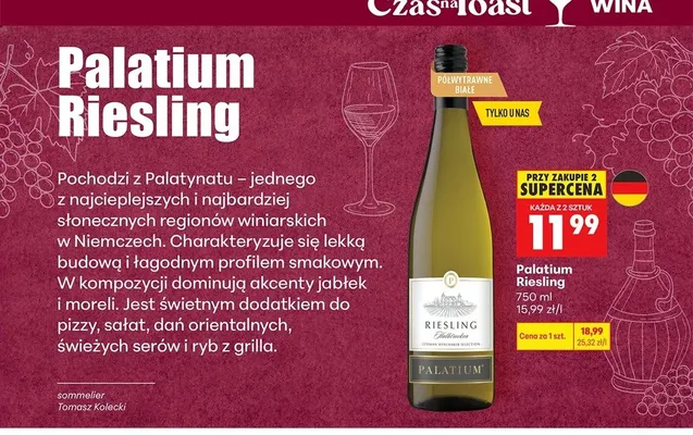 Wino białe półwytrawne Palatium Riesling promocja w Biedronka