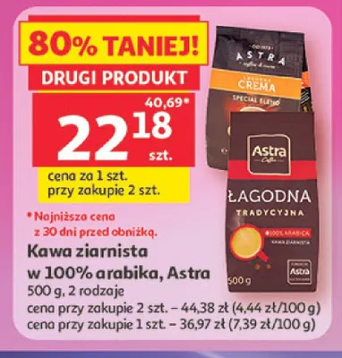 Kawa ziarnista Astra w 100% arabika promocja w Auchan