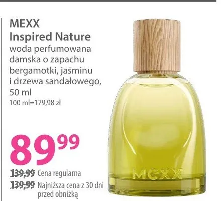 Woda perfumowana damska o zapachu bergamotki, jaśminu i drzewa sandalowego Inspired Nature promocja w Hebe