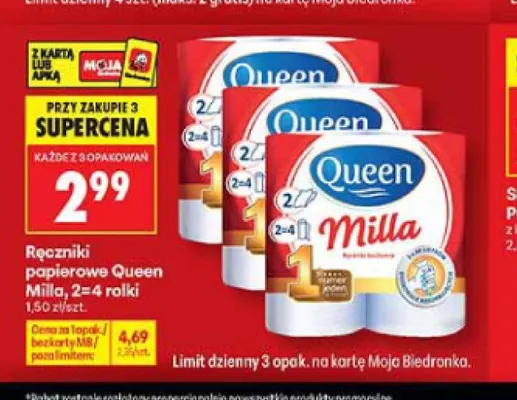 Ręczniki papierowe Queen Milla 2=4 rolki promocja w Biedronka