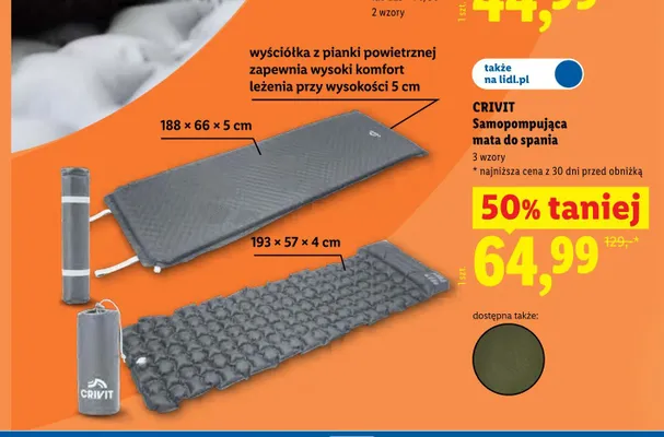 Samopompująca mata do spania CRIVIT 188x66x5cm promocja w Lidl