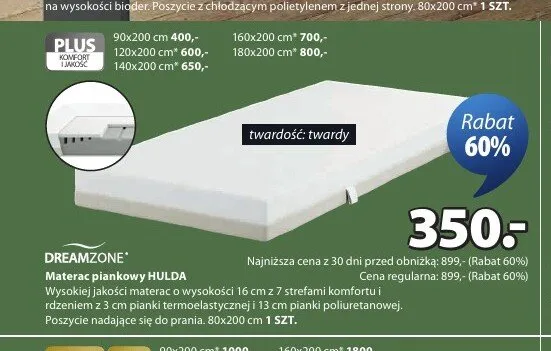 Materac piankowy DREAMZONE HULDA 80x200cm promocja w Jysk