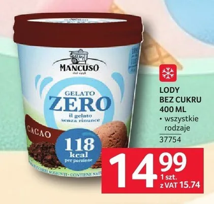 Lody bez cukru Mancuso Gelato Zero Cacao promocja w Selgros