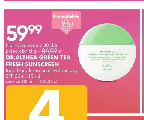 Krem przeciwsłoneczny Dr.Althea Green Tea Fresh Sunscreen SPF 50+ promocja w Super-Pharm