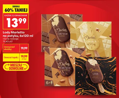 Lody na patyku Marletto Crunch Classic 6-pak 120 ml promocja w Biedronka