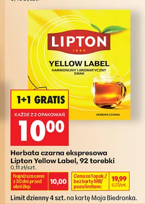 Herbata czarna ekspresowa Lipton Yellow Label promocja w Biedronka