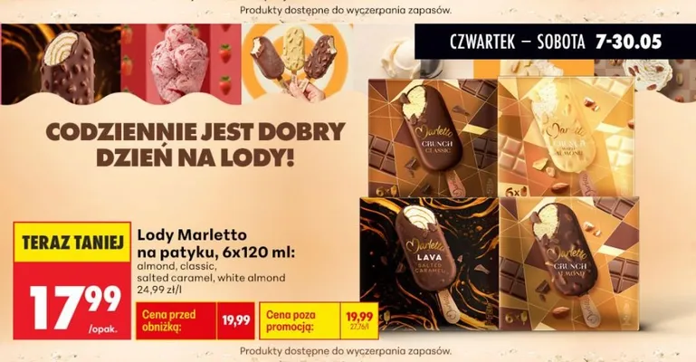 Lody Marletto na patyku Lava Salted Caramel 6-pak 120ml promocja w Biedronka