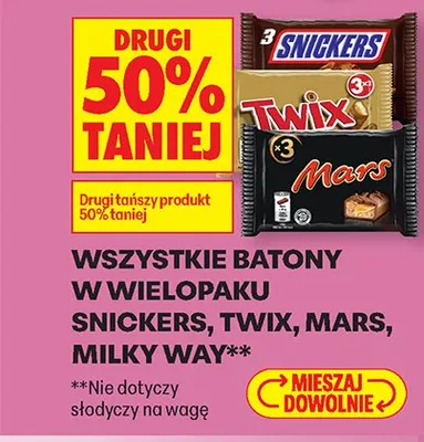 Wszystkie batony w wielopaku Snickers, Twix, Mars, Milky Way DRUGIE -50% promocja w Biedronka