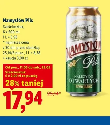 Piwo Namysłów Pils 6-pak 500ml promocja w Lidl