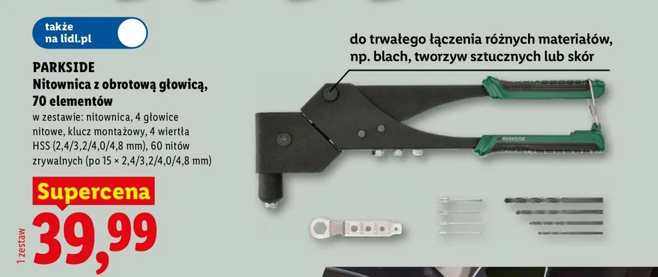 Nitownica z obrotową głowicą 70 elementów Parkside promocja w Lidl