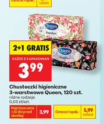 Chusteczki higieniczne 3-warstwowe Queen promocja w Biedronka