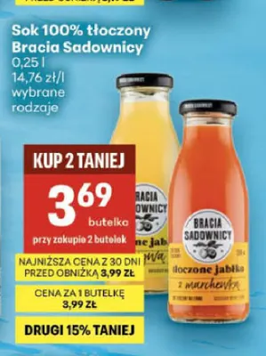 Sok tłoczony jabłko Bracia Sadownicy 100% promocja w Delikatesy Centrum