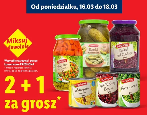 Wszystkie warzywa i owoce konserwowe Freshona 2+1 ZA GROSZ promocja w Lidl