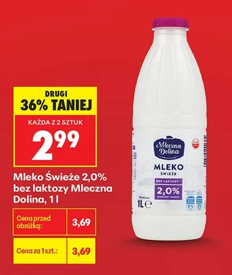 Mleko świeże 2,0% bez laktozy Mleczna Dolina promocja w Biedronka
