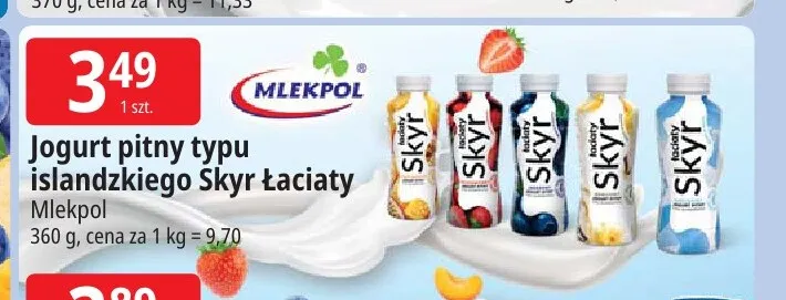 Jogurt pitny typu islandzkiego Skyr Łaciate Mlekpol promocja w Leclerc