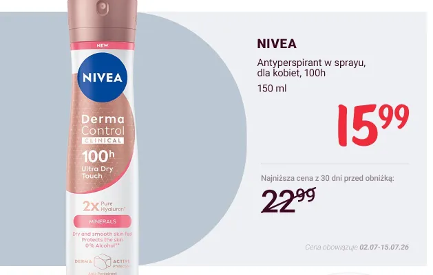 Antyperspirant w sprayu dla kobiet Nivea Derma Control Clinical 100h promocja w Rossmann