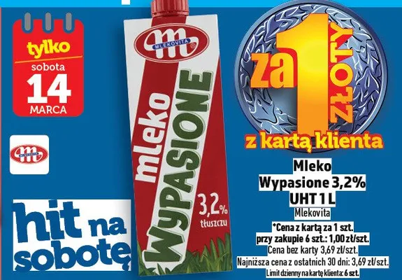 Mleko Wypasione 3,2% UHT 1l promocja w TOPAZ