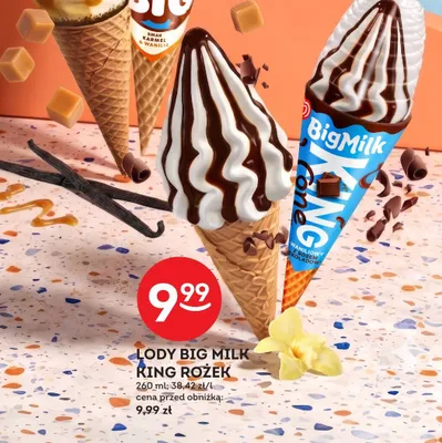 Lody Big Milk King Rożek waniliowy z sosem czekoladowym promocja w Żabka