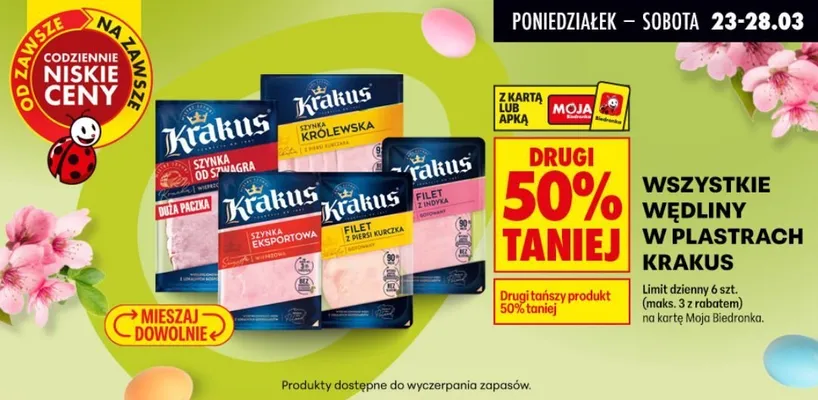 Wszystkie wędliny w plastrach Krakus DRUGA -50% promocja w Biedronka