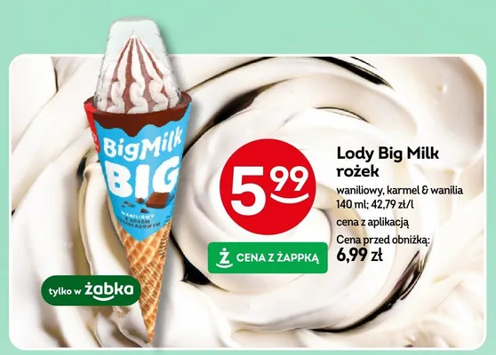 Lody Big Milk rożek waniliowy, karmel & wanilia promocja w Żabka