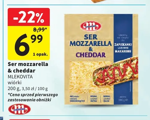 Ser mozzarella & cheddar wiórki Mlekovita promocja w Intermarche