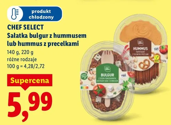 Sałatka bulgur z hummusem lub hummus z preclełkami promocja w Lidl