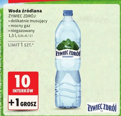 Woda źródlana delikatnie musujący mocny gaz niegazowany promocja w Intermarche