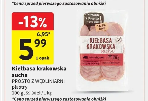 Kiełbasa krakowska sucha PROSTO Z WĘDLINIARNI plastry promocja w Intermarche