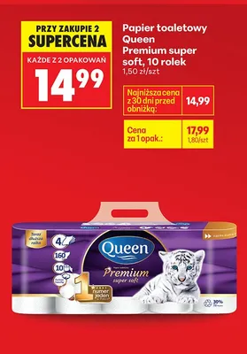 Papier toaletowy Queen Premium super soft 10 rolek promocja w Biedronka