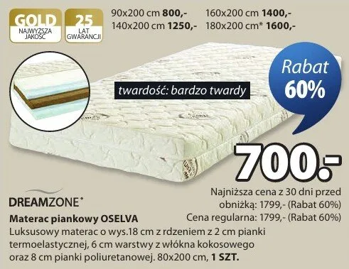 Materac piankowy Oselva 80x200cm promocja w Jysk