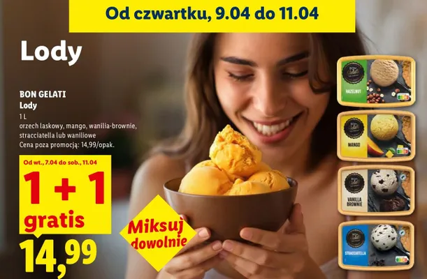 Lody orzech laskowy, mango, wanilia-brownie, stracciatella lub waniliowe promocja w Lidl