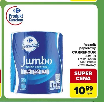 Ręcznik papierowy Carrefour Jumbo 1 rolka 120 m 500 listków 2-warstwowy promocja w Carrefour Express