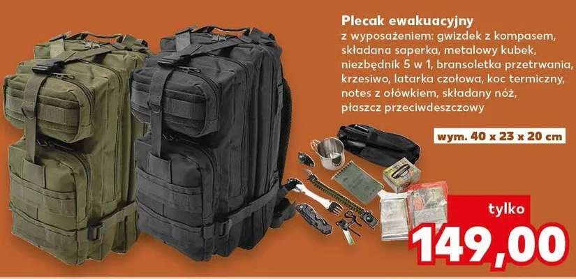 Plecak ewakuacyjny 40x23x20cm z wyposażeniem promocja w Kaufland