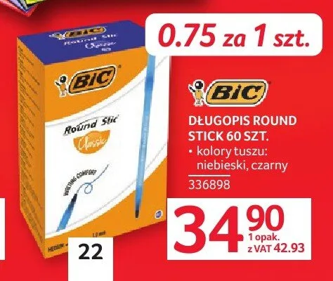 Długopis BIC Round Stick 60szt. promocja w Selgros