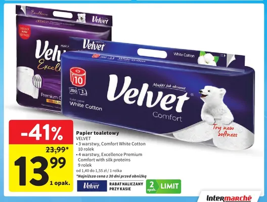 Papier toaletowy Velvet Comfort White Cotton 3 warstwy 10-pak promocja w Intermarche