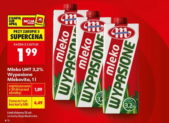Mleko UHT 3,2% Wypasione Mlekovita 1l promocja w Biedronka