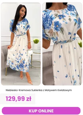 Sukienka damska niebiesko-kremowa z motywem kwiatowym ModnaKiecka.pl promocja w Modna Kiecka