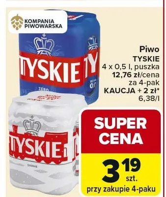 Piwo TYSKIE 4 x 0,5l puszka promocja w Carrefour
