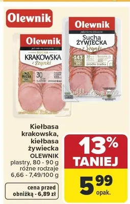 Kiełbasa krakowska Olewnik plastry promocja w Carrefour